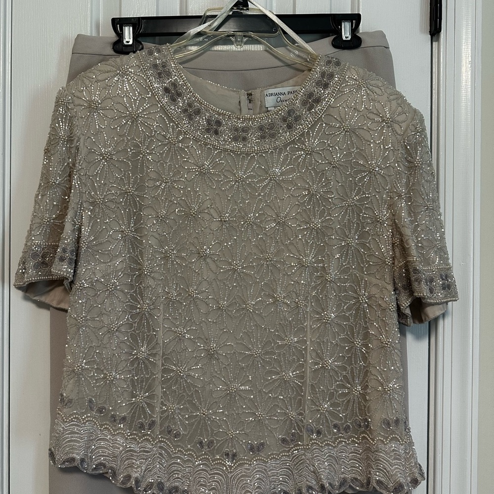 Mother of Bride Wedding Dress Adrianna Papell Taupe Beaded Top and Long Skirt 18 - Picture 12 of 12